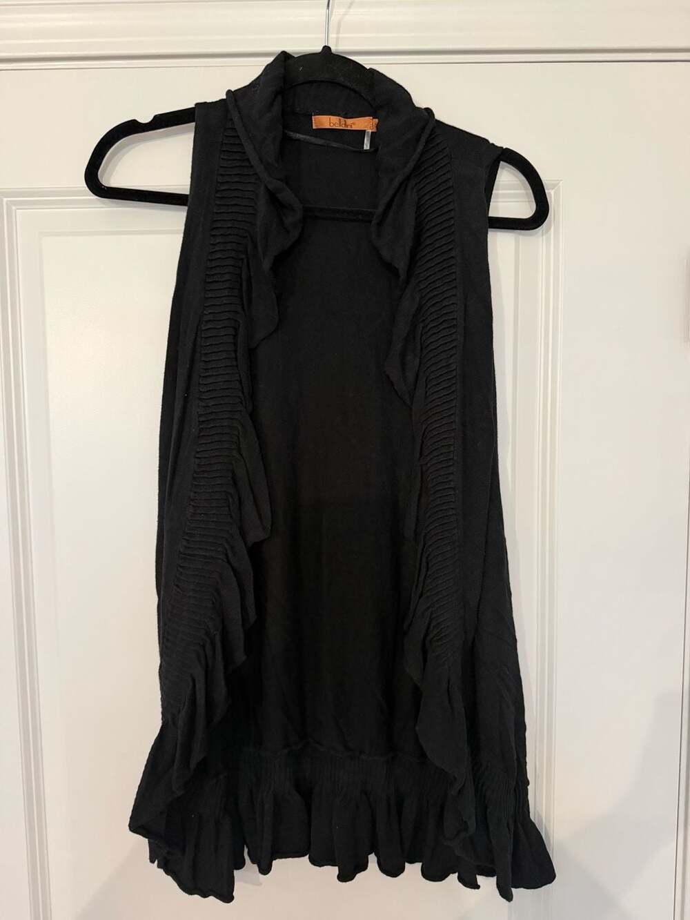 Beldini Sleeveless Cardigan Size S Black Ruffle Front Vest